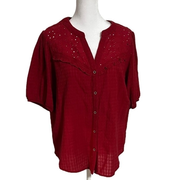 Knox Rose Button Up Eyelet Red Top Women’s Size M - Picture 3 of 11